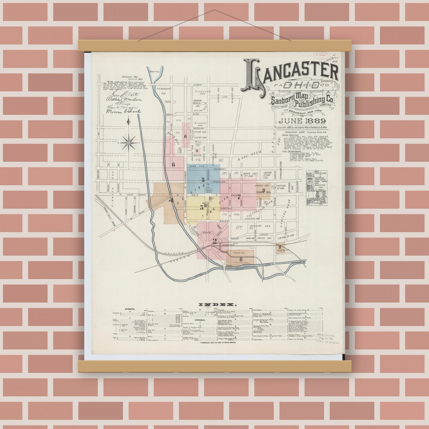 Old map wall art mockup — magnetic wood frame on brick wall — Sanborn Fire Insurance Map from Lancaster, Fairfield County, Ohio (1889), Sheet #0001