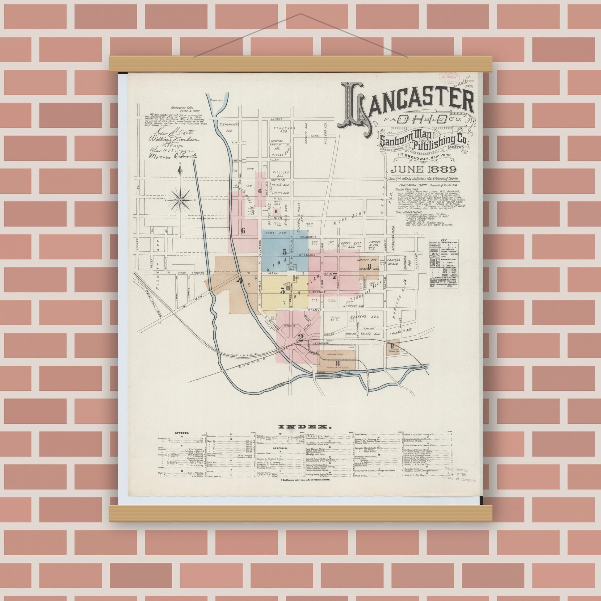 Old map wall art mockup — magnetic wood frame on brick wall — Sanborn Fire Insurance Map from Lancaster, Fairfield County, Ohio (1889), Sheet #0001