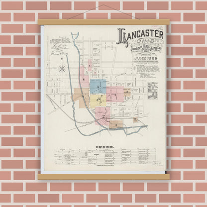 Old map wall art mockup — magnetic wood frame on brick wall — Sanborn Fire Insurance Map from Lancaster, Fairfield County, Ohio (1889), Sheet #0001