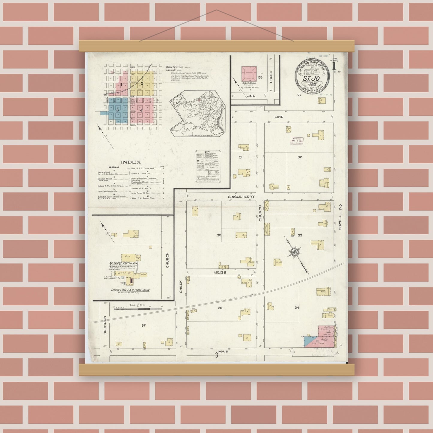 Old map wall art mockup — magnetic wood frame on brick wall — Sanborn Fire Insurance Map from Saint Jo, Montague County, Texas (1914) - Complete Map Set