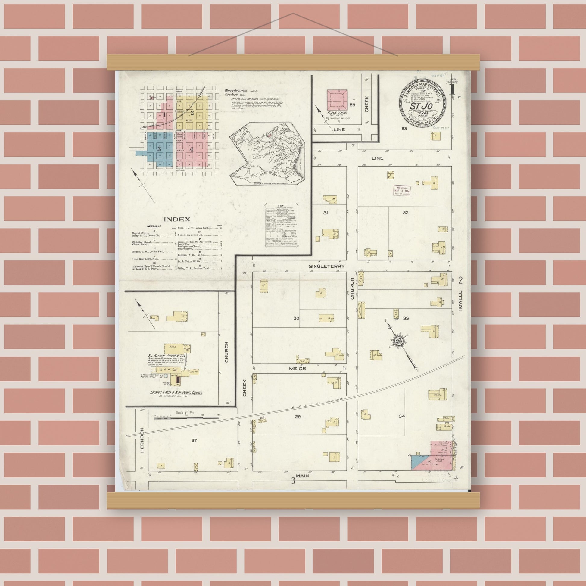 Old map wall art mockup — magnetic wood frame on brick wall — Sanborn Fire Insurance Map from Saint Jo, Montague County, Texas (1914) - Complete Map Set