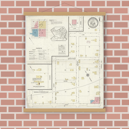 Old map wall art mockup — magnetic wood frame on brick wall — Sanborn Fire Insurance Map from Saint Jo, Montague County, Texas (1914) - Complete Map Set