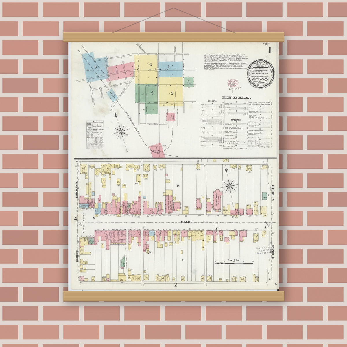 Old map wall art mockup — magnetic wood frame on brick wall — Sanborn Fire Insurance Map from Waynesboro, Franklin County, Pennsylvania (1896) - Complete Map Set