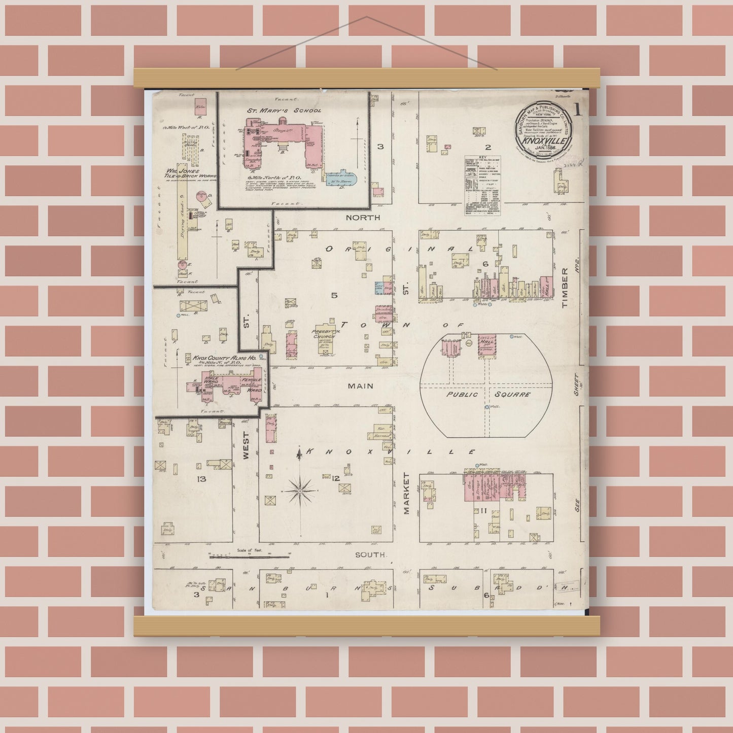 Old map wall art mockup — magnetic wood frame on brick wall — Sanborn Fire Insurance Map from Knoxville, Knox County, Illinois (1886) - Complete Map Set