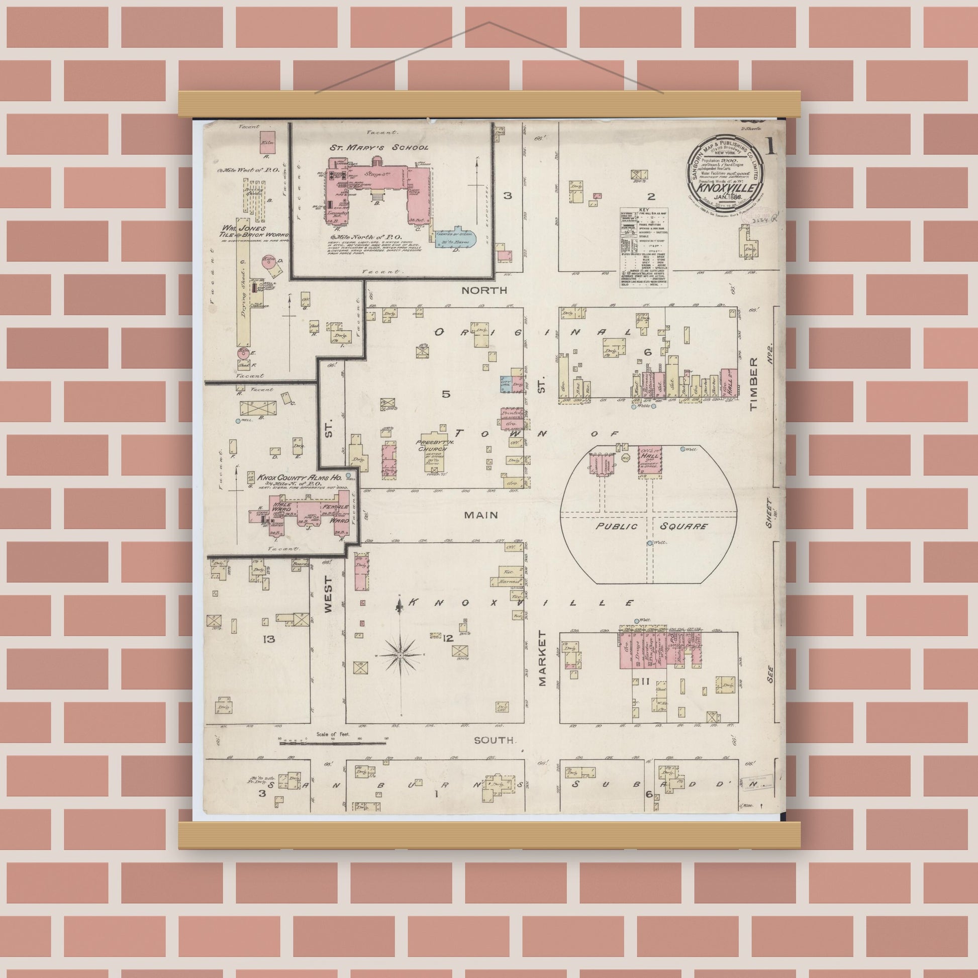 Old map wall art mockup — magnetic wood frame on brick wall — Sanborn Fire Insurance Map from Knoxville, Knox County, Illinois (1886) - Complete Map Set