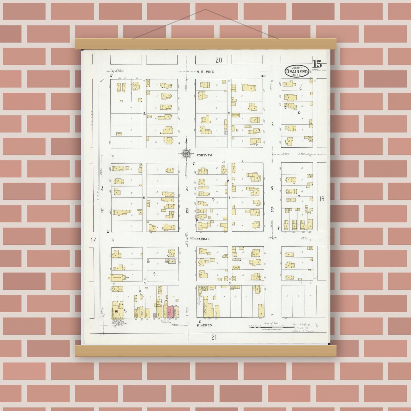 Old map wall art mockup — magnetic wood frame on brick wall — Sanborn Fire Insurance Map from Brainerd, Crow Wing County, Minnesota (1917), Sheet #0015