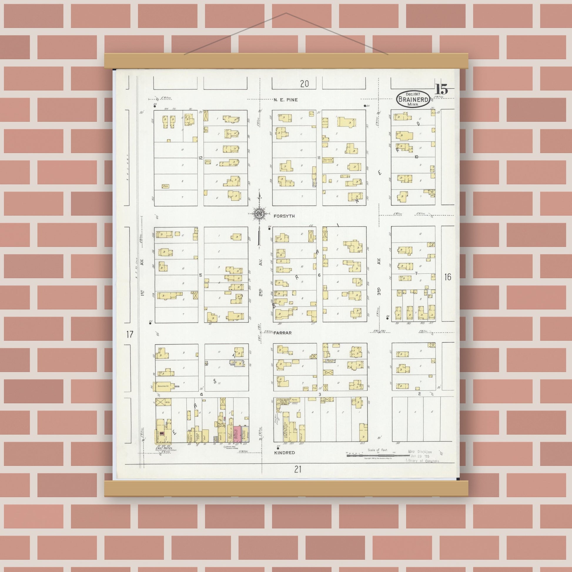 Old map wall art mockup — magnetic wood frame on brick wall — Sanborn Fire Insurance Map from Brainerd, Crow Wing County, Minnesota (1917), Sheet #0015