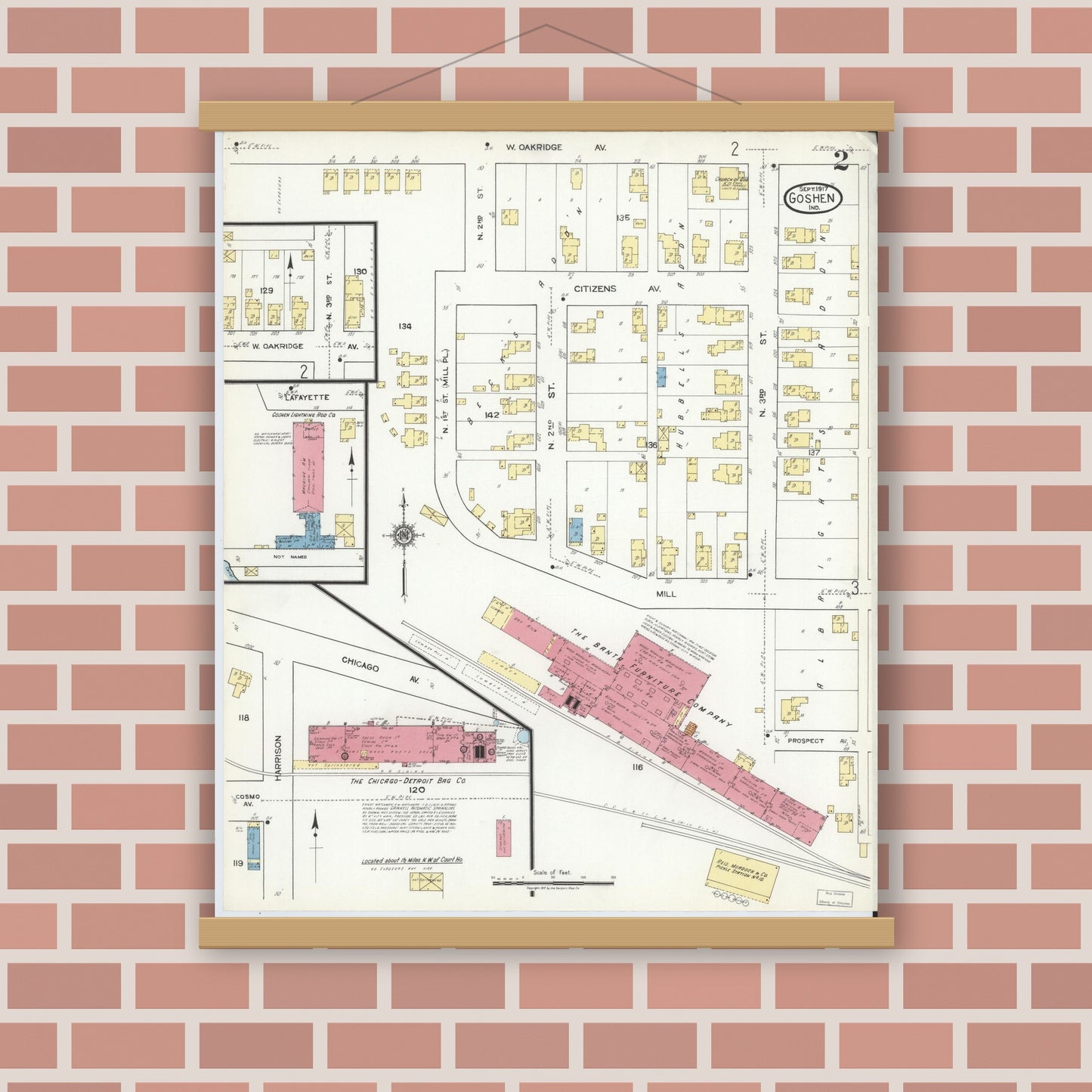 Old map wall art mockup — magnetic wood frame on brick wall — Sanborn Fire Insurance Map from Goshen, Elkhart County, Indiana (1917), Sheet #0002