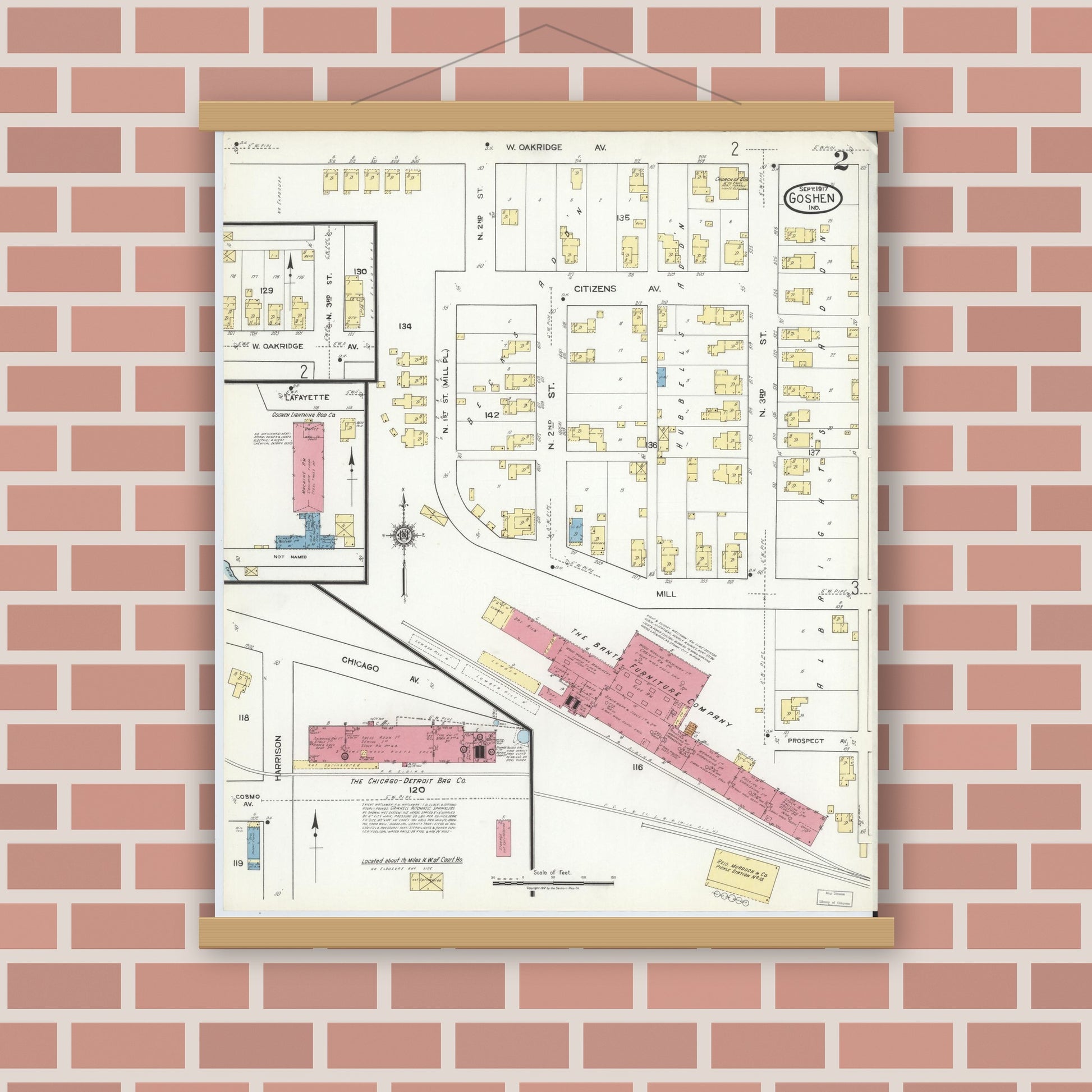 Old map wall art mockup — magnetic wood frame on brick wall — Sanborn Fire Insurance Map from Goshen, Elkhart County, Indiana (1917), Sheet #0002