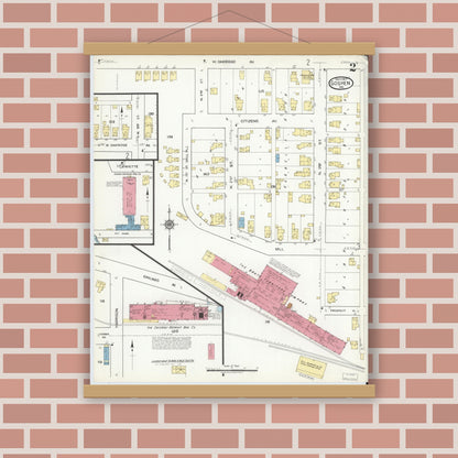 Old map wall art mockup — magnetic wood frame on brick wall — Sanborn Fire Insurance Map from Goshen, Elkhart County, Indiana (1917), Sheet #0002