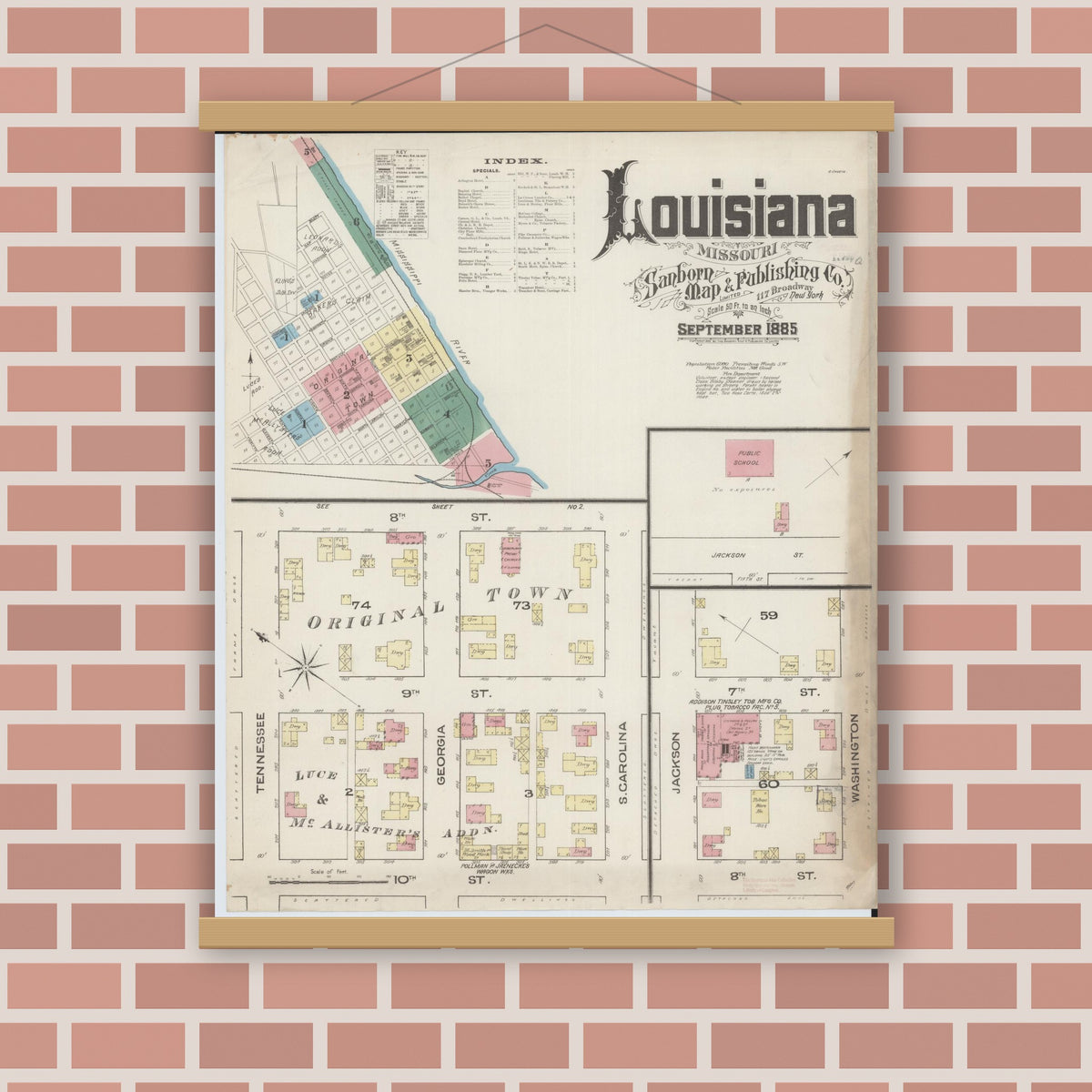 Old map wall art mockup — magnetic wood frame on brick wall — Sanborn Fire Insurance Map from Louisiana, Pike County, Missouri (1885) - Complete Map Set