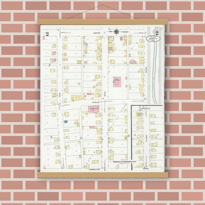 Old map wall art mockup — magnetic wood frame on brick wall — Sanborn Fire Insurance Map from Jewett, Harrison County, Ohio (1924), Sheet #0002