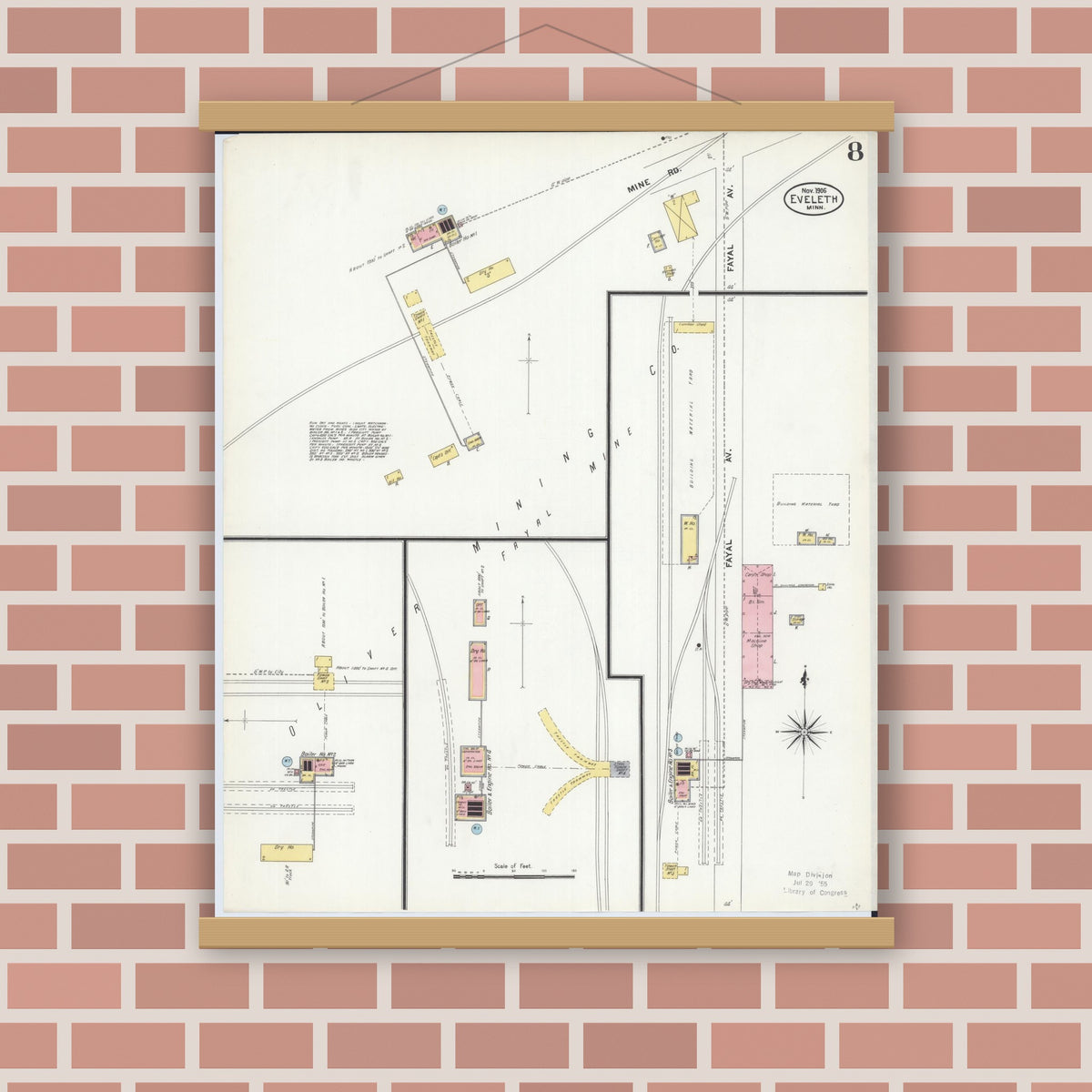 Old map wall art mockup — magnetic wood frame on brick wall — Sanborn Fire Insurance Map from Eveleth, Saint Louis County, Minnesota (1906), Sheet #0008