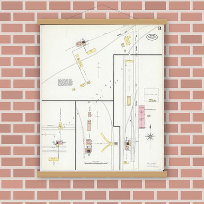 Old map wall art mockup — magnetic wood frame on brick wall — Sanborn Fire Insurance Map from Eveleth, Saint Louis County, Minnesota (1906), Sheet #0008