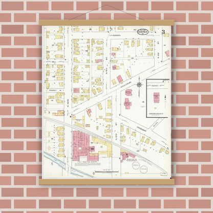 Old map wall art mockup — magnetic wood frame on brick wall — Sanborn Fire Insurance Map from Goshen, Elkhart County, Indiana (1917), Sheet #0003