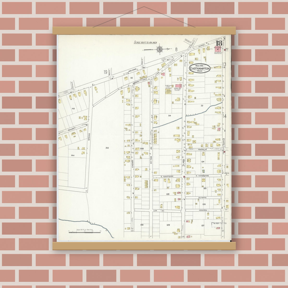 Old map wall art mockup — magnetic wood frame on brick wall — Sanborn Fire Insurance Map from East Hampton, Hampshire County, Massachusetts (1916), Sheet #0018