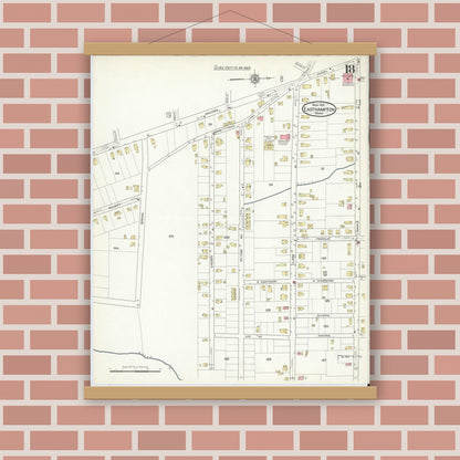Old map wall art mockup — magnetic wood frame on brick wall — Sanborn Fire Insurance Map from East Hampton, Hampshire County, Massachusetts (1916), Sheet #0018