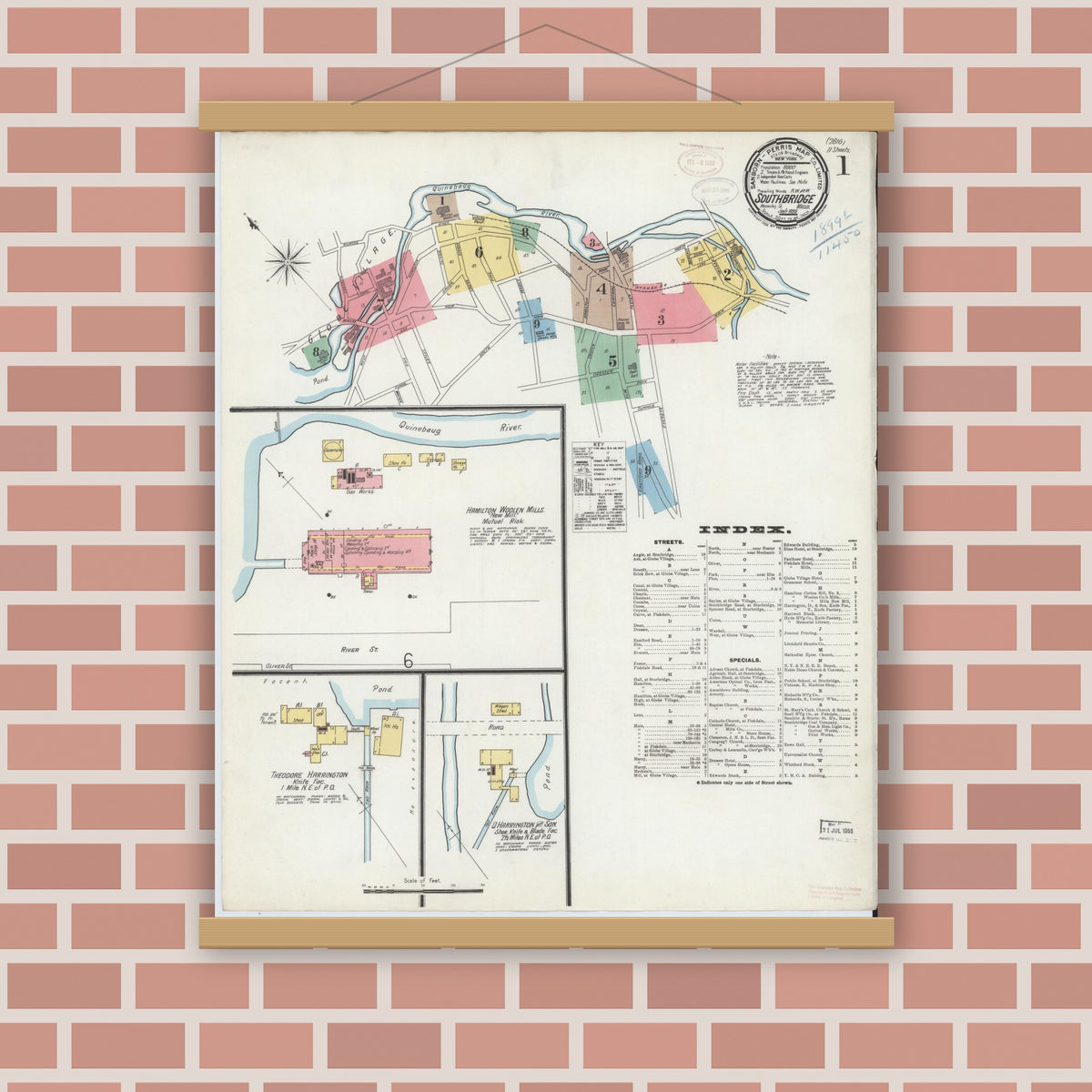 Old map wall art mockup — magnetic wood frame on brick wall — Sanborn Fire Insurance Map from Southbridge, Worcester County, Massachusetts (1899) - Complete Map Set