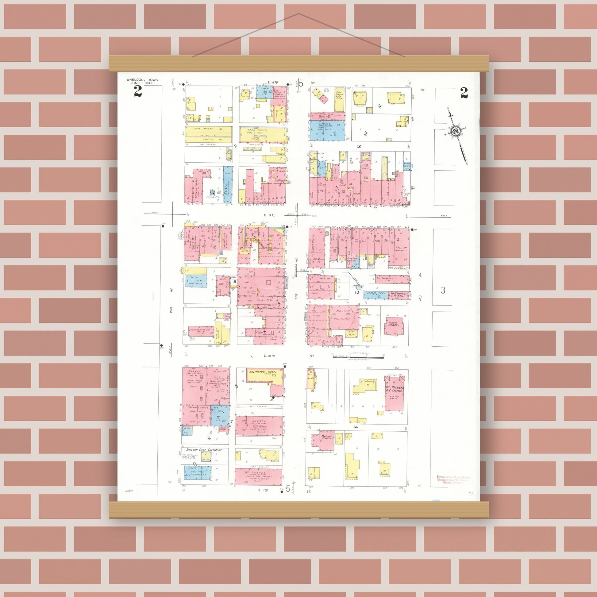 Old map wall art mockup — magnetic wood frame on brick wall — Sanborn Fire Insurance Map from Sheldon, O'Brien County, Iowa (1933), Sheet #0002