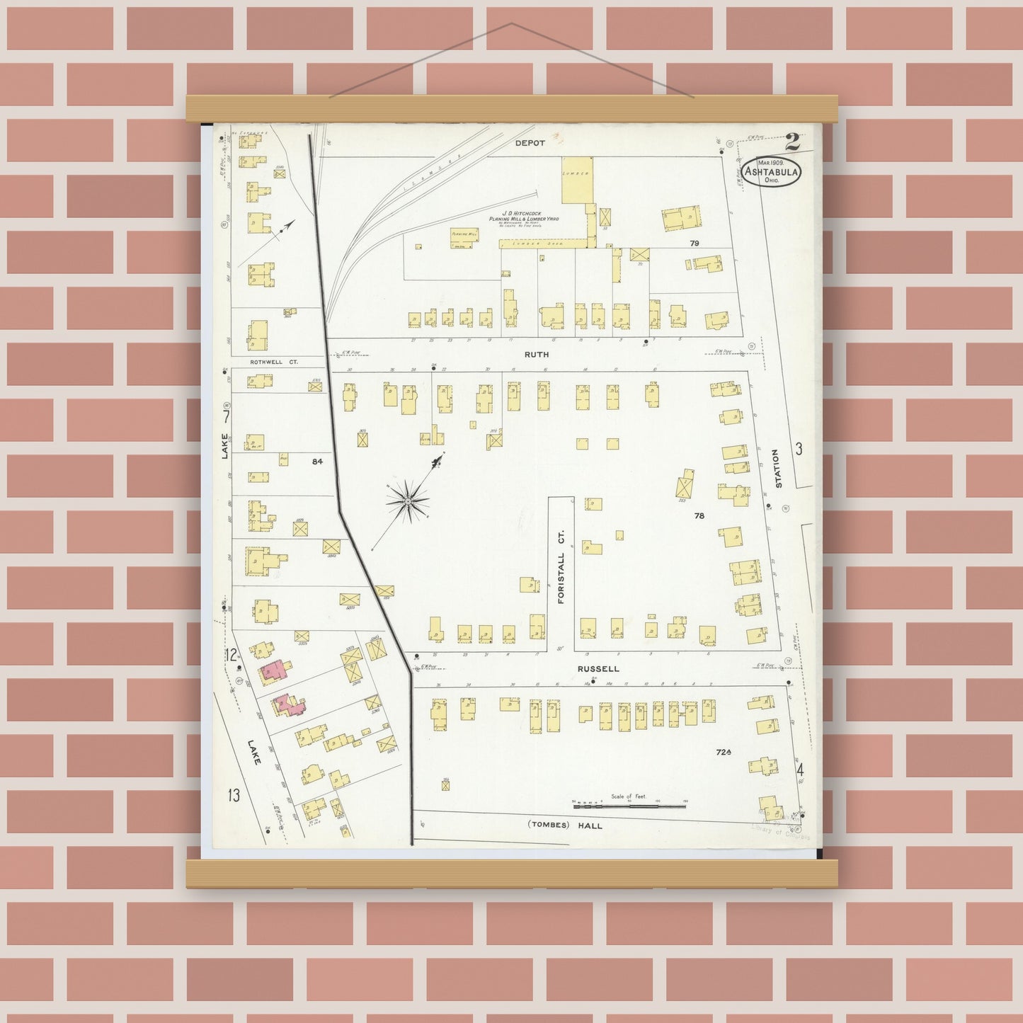 Old map wall art mockup — magnetic wood frame on brick wall — Sanborn Fire Insurance Map from Ashtabula, Ashtabula County, Ohio (1909), Sheet #0002