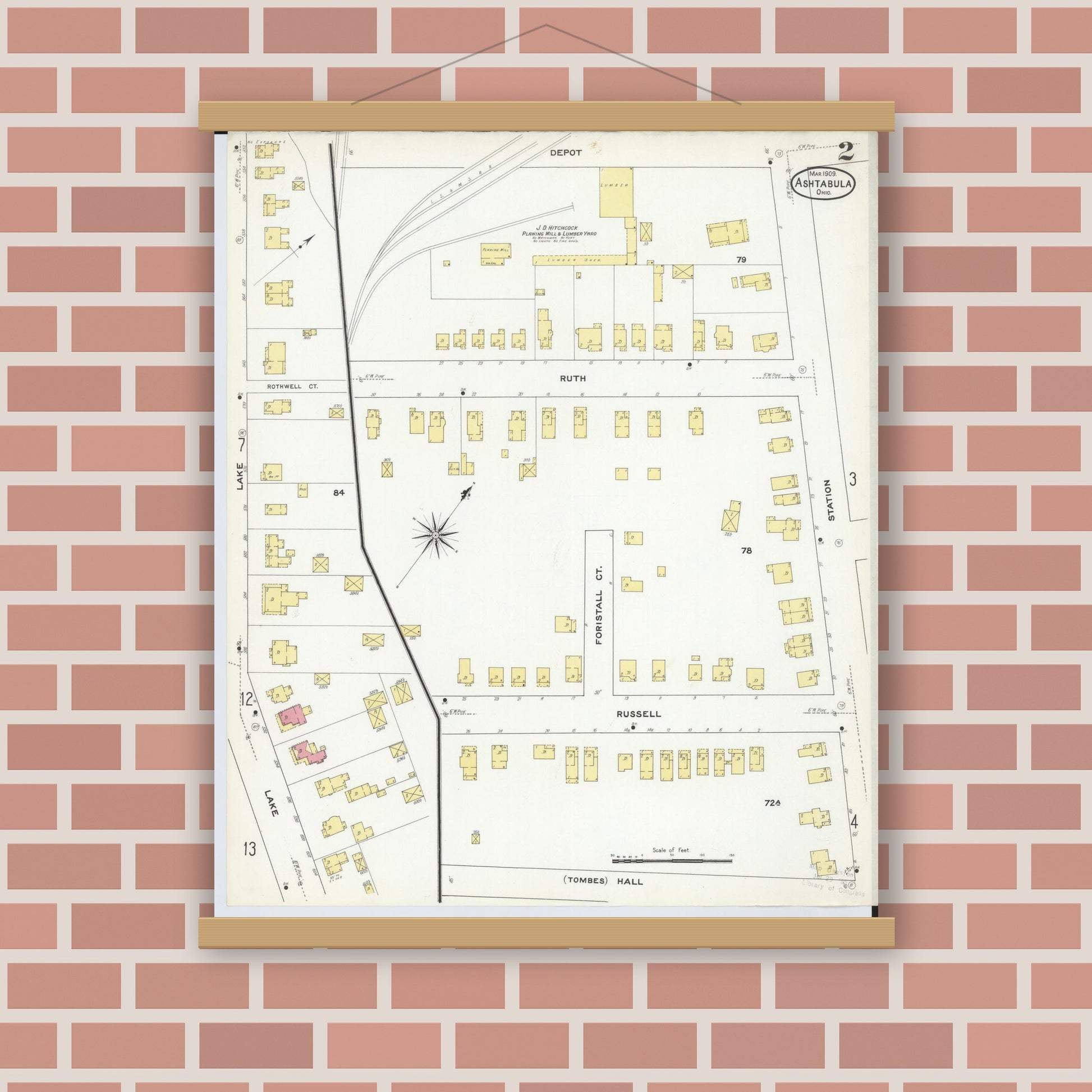 Old map wall art mockup — magnetic wood frame on brick wall — Sanborn Fire Insurance Map from Ashtabula, Ashtabula County, Ohio (1909), Sheet #0002