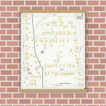 Old map wall art mockup — magnetic wood frame on brick wall — Sanborn Fire Insurance Map from Ashtabula, Ashtabula County, Ohio (1909), Sheet #0002