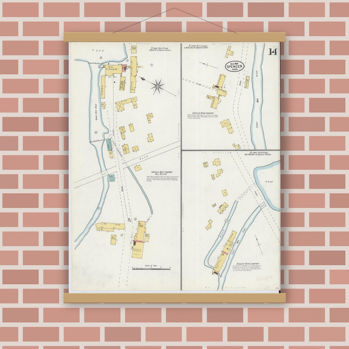 Old map wall art mockup — magnetic wood frame on brick wall — Sanborn Fire Insurance Map from Spencer, Worcester County, Massachusetts (1906), Sheet #0014