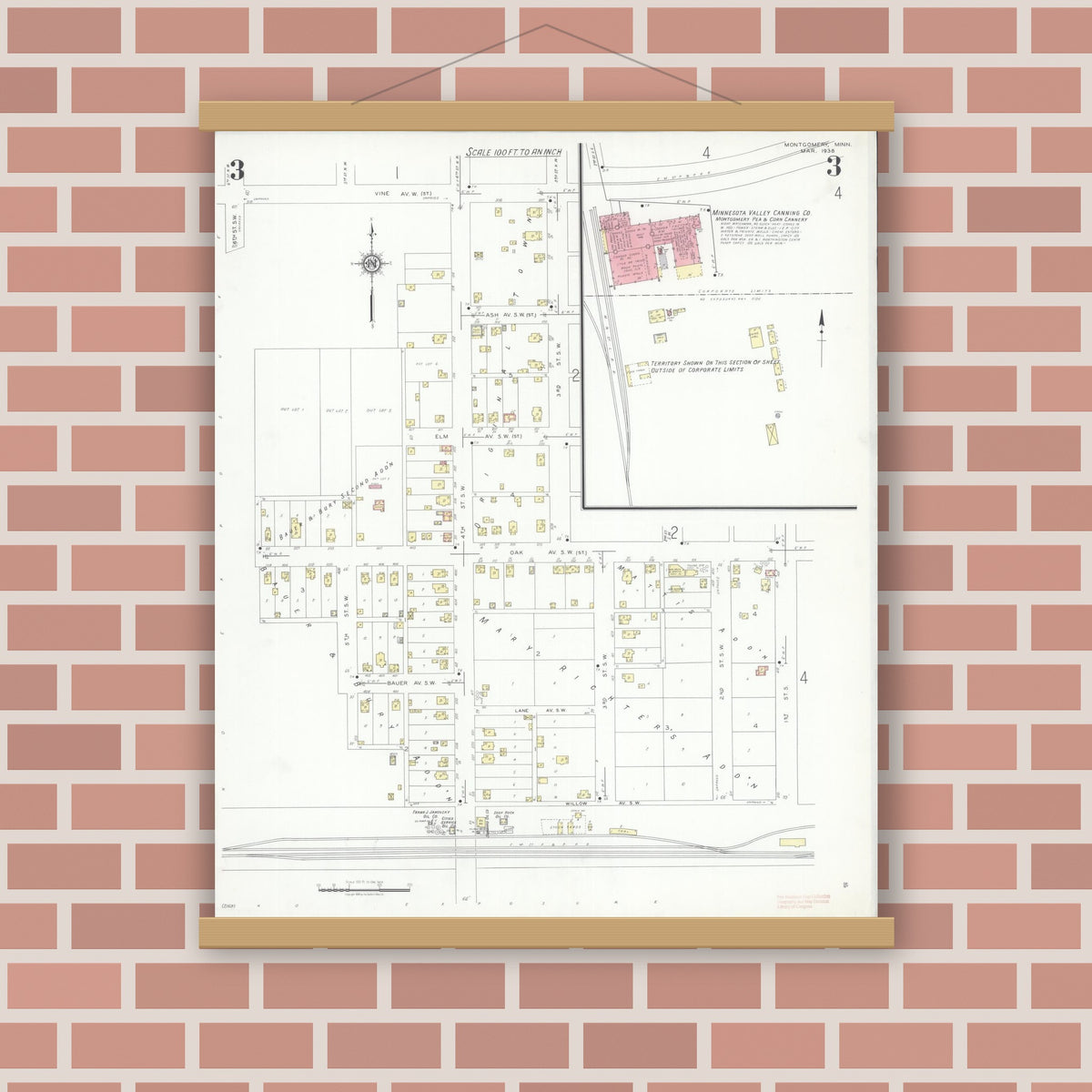 Old map wall art mockup — magnetic wood frame on brick wall — Sanborn Fire Insurance Map from Montgomery, Le Sueur  County, Minnesota (1938), Sheet #0003