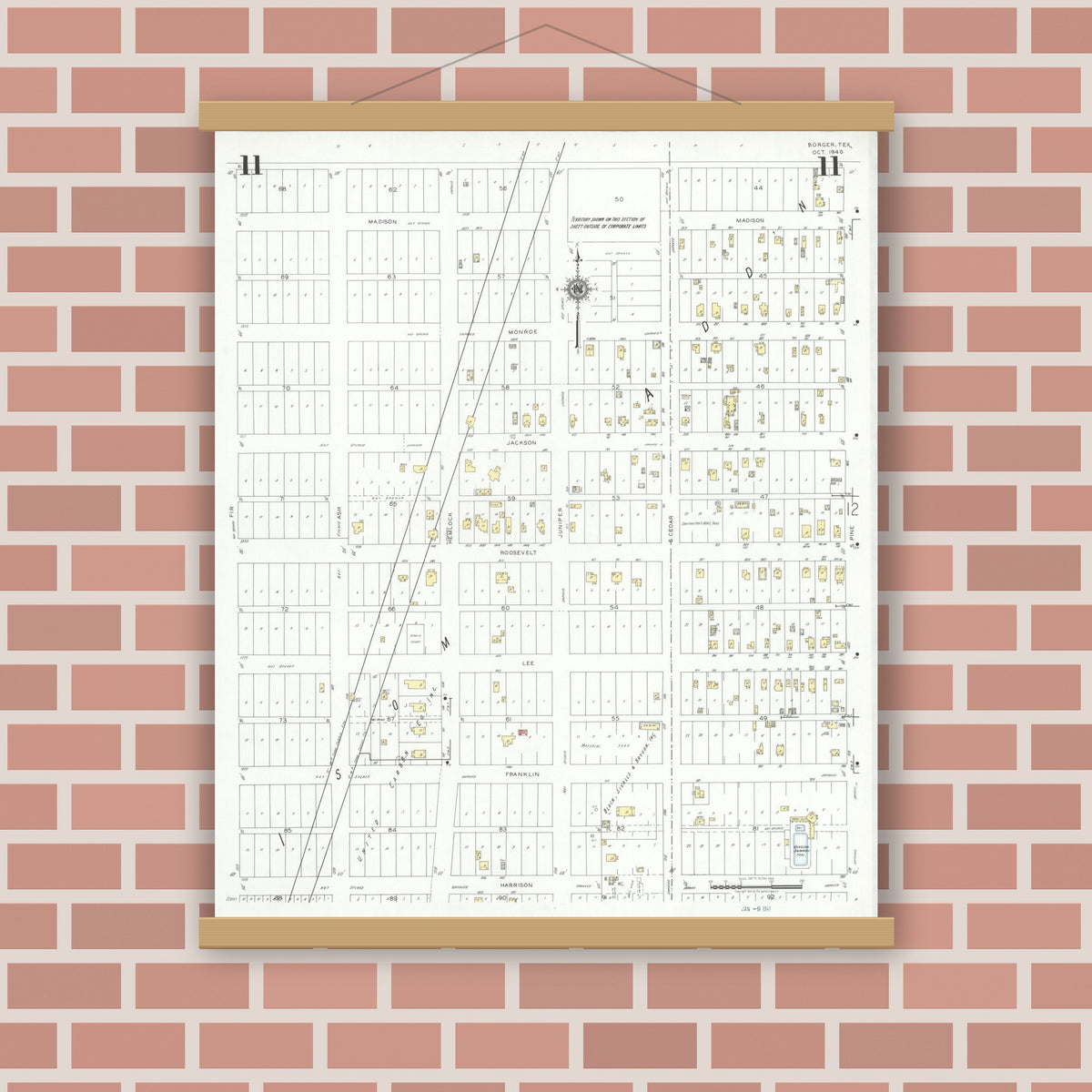 Old map wall art mockup — magnetic wood frame on brick wall — Sanborn Fire Insurance Map from Borger, Hutchinson County, Texas (1940), Sheet #0011