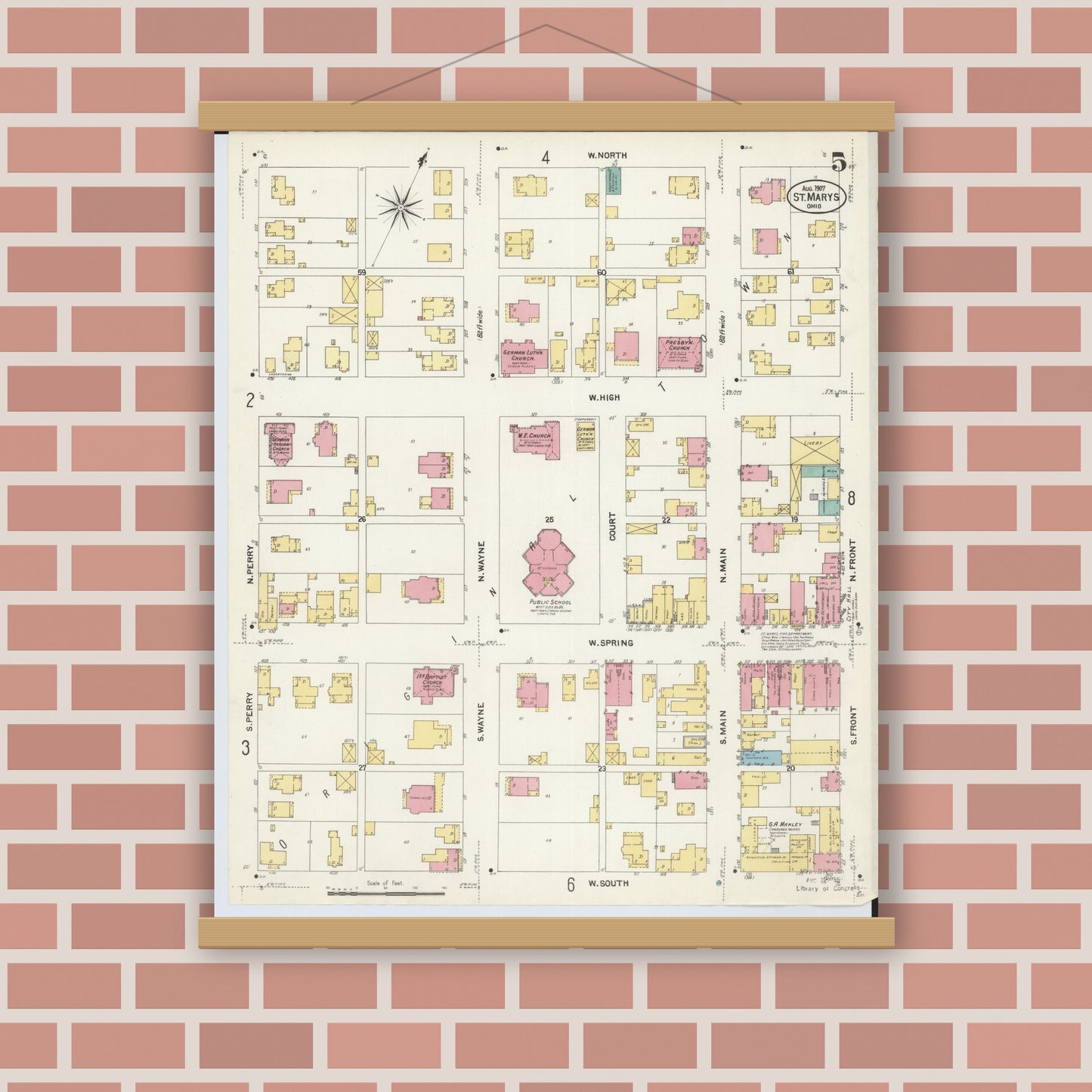 Old map wall art mockup — magnetic wood frame on brick wall — Sanborn Fire Insurance Map from Saint Marys, Auglaize County, Ohio (1907), Sheet #0005
