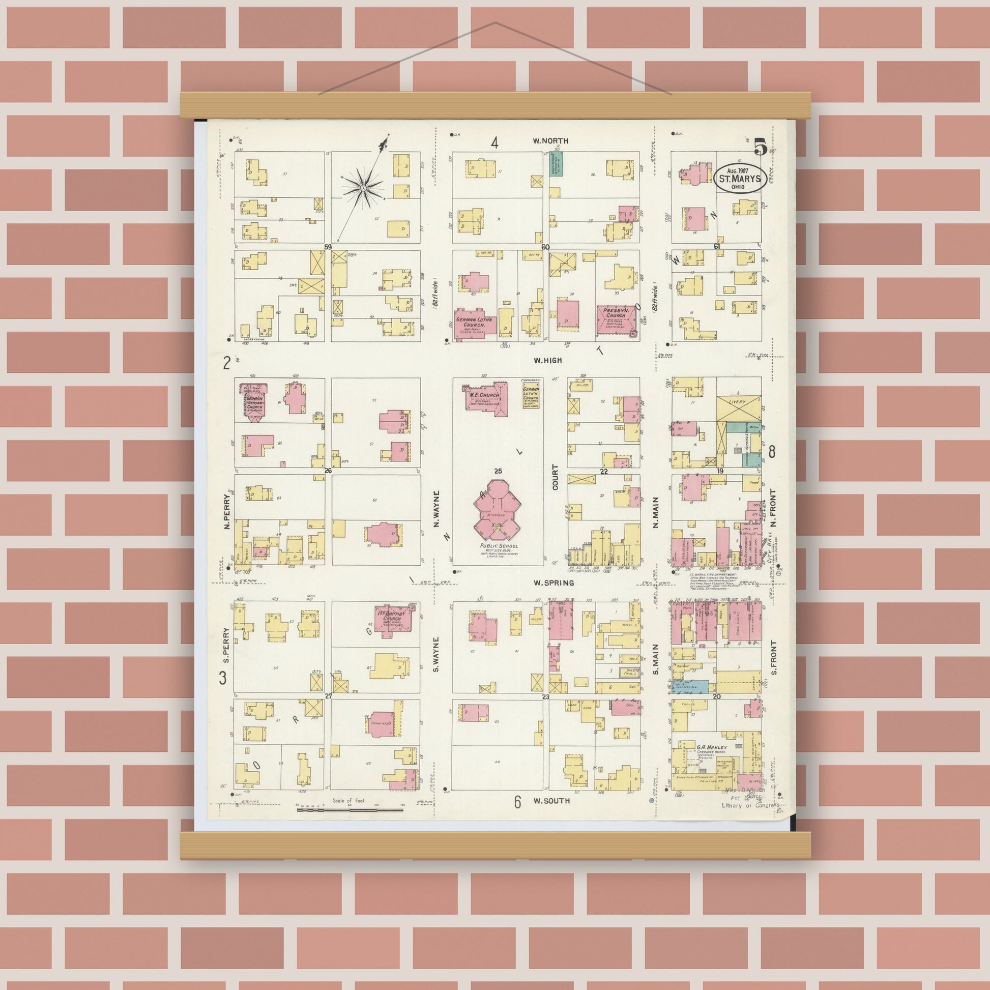 Old map wall art mockup — magnetic wood frame on brick wall — Sanborn Fire Insurance Map from Saint Marys, Auglaize County, Ohio (1907), Sheet #0005