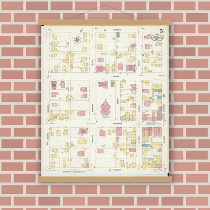 Old map wall art mockup — magnetic wood frame on brick wall — Sanborn Fire Insurance Map from Saint Marys, Auglaize County, Ohio (1907), Sheet #0005