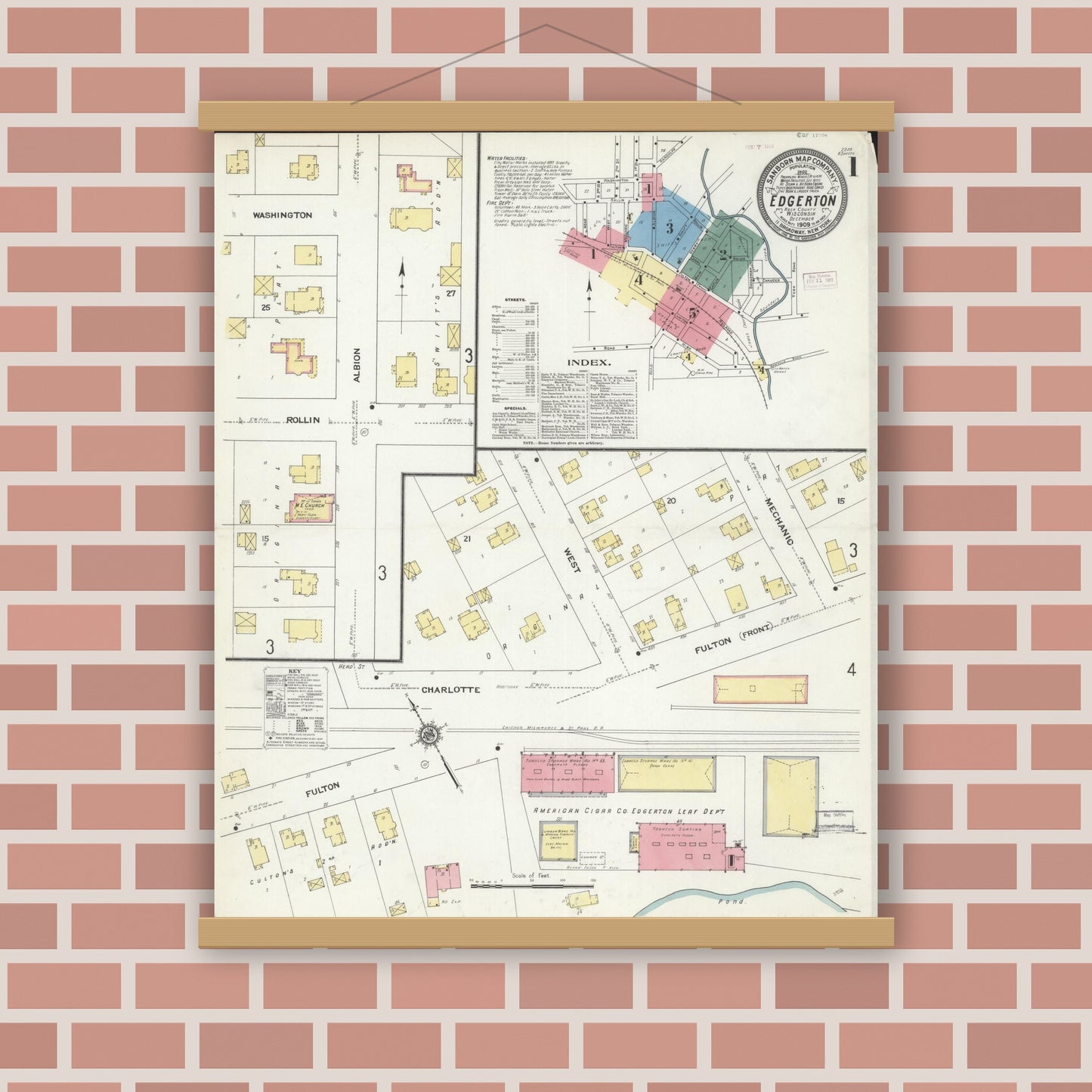 Old map wall art mockup — magnetic wood frame on brick wall — Sanborn Fire Insurance Map from Edgerton, Rock County, Wisconsin (1909) - Complete Map Set
