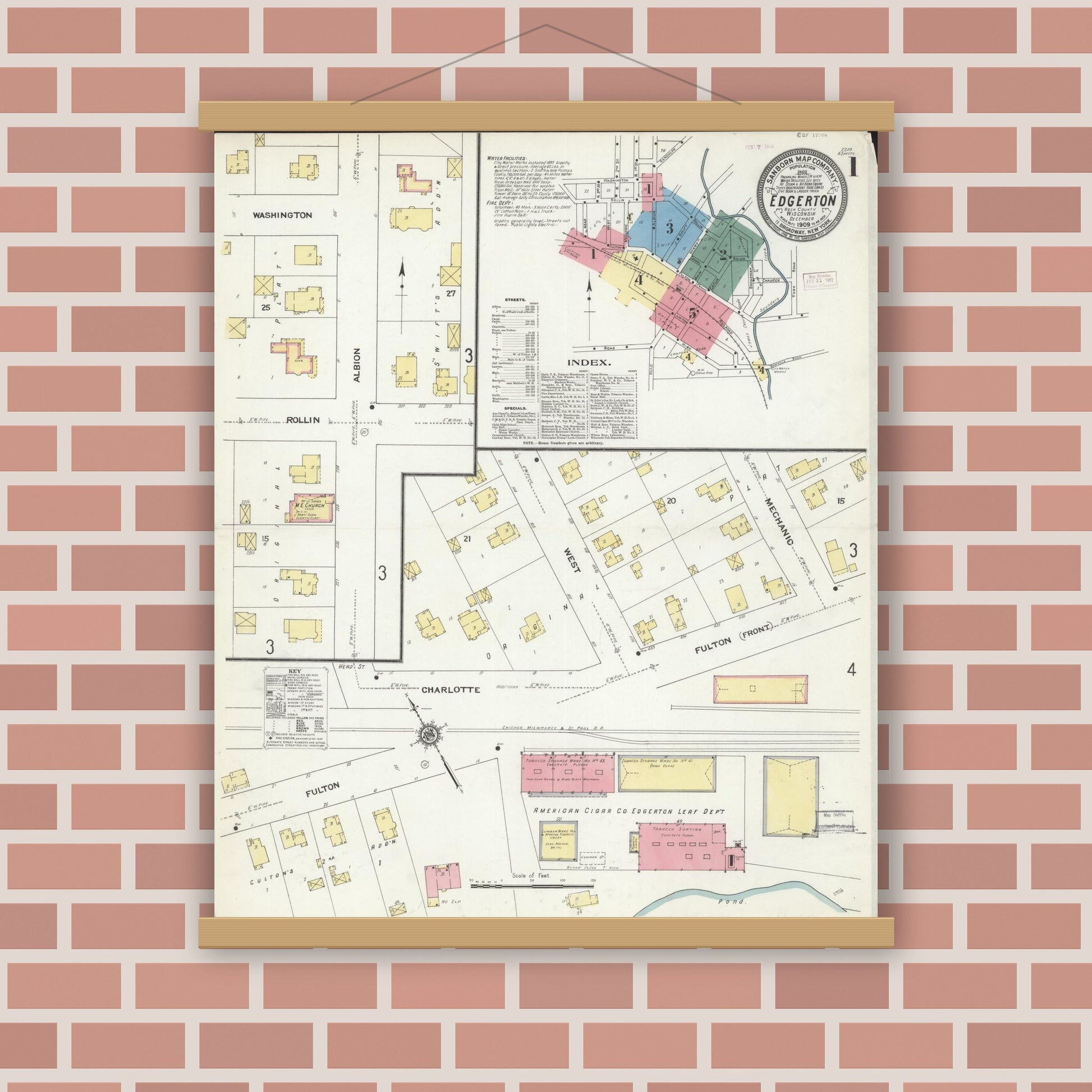 Old map wall art mockup — magnetic wood frame on brick wall — Sanborn Fire Insurance Map from Edgerton, Rock County, Wisconsin (1909) - Complete Map Set