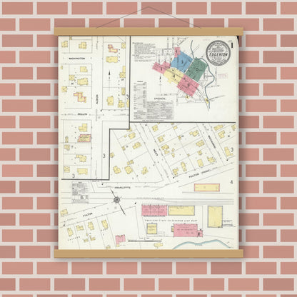 Old map wall art mockup — magnetic wood frame on brick wall — Sanborn Fire Insurance Map from Edgerton, Rock County, Wisconsin (1909) - Complete Map Set