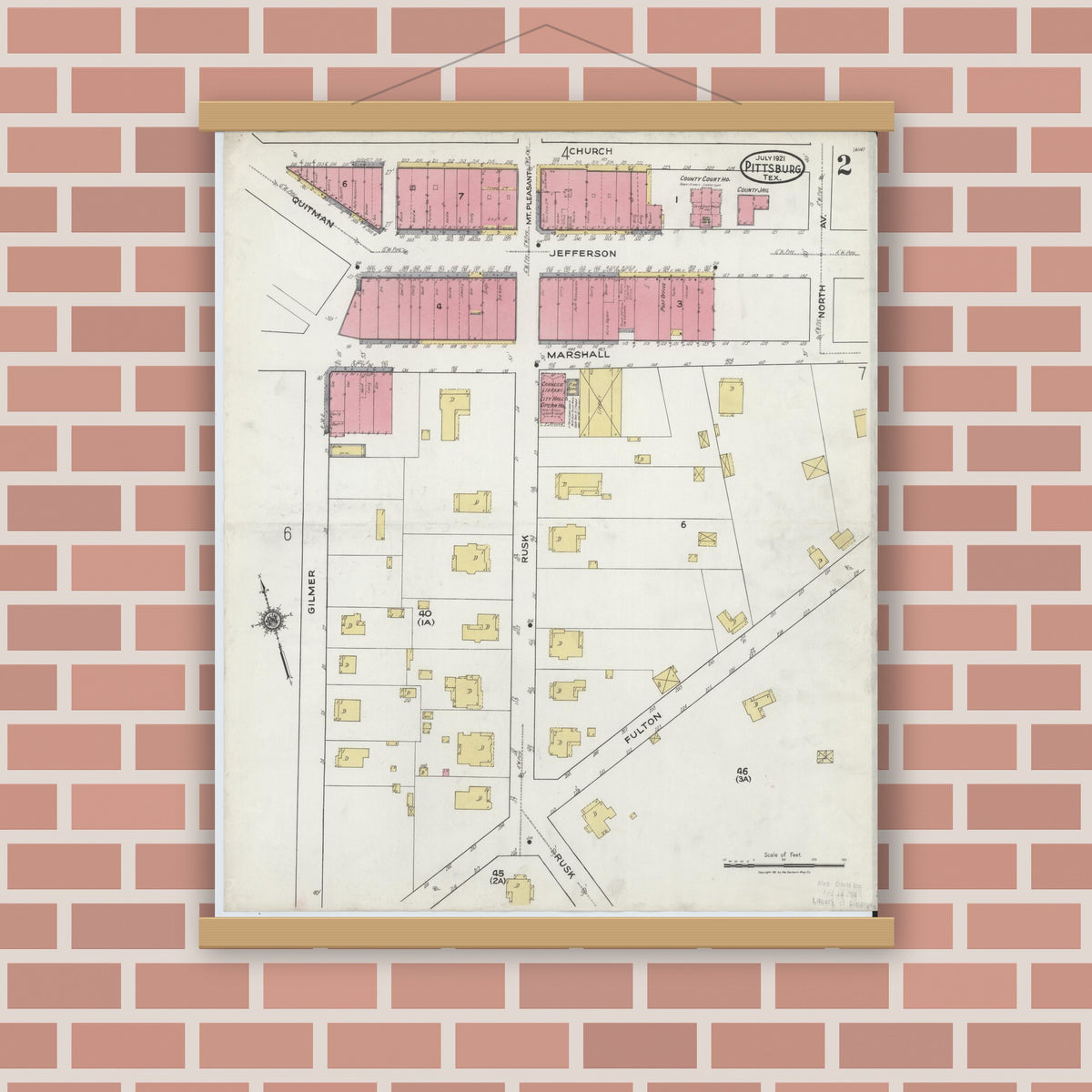 Old map wall art mockup — magnetic wood frame on brick wall — Sanborn Fire Insurance Map from Pittsburg, Camp County, Texas (1921), Sheet #0002