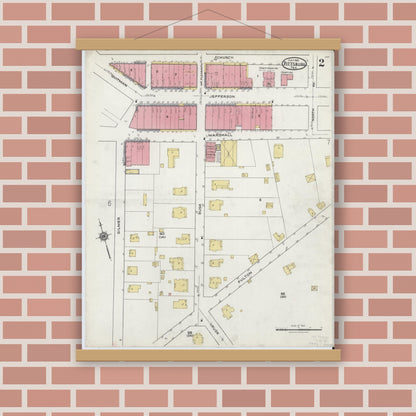 Old map wall art mockup — magnetic wood frame on brick wall — Sanborn Fire Insurance Map from Pittsburg, Camp County, Texas (1921), Sheet #0002