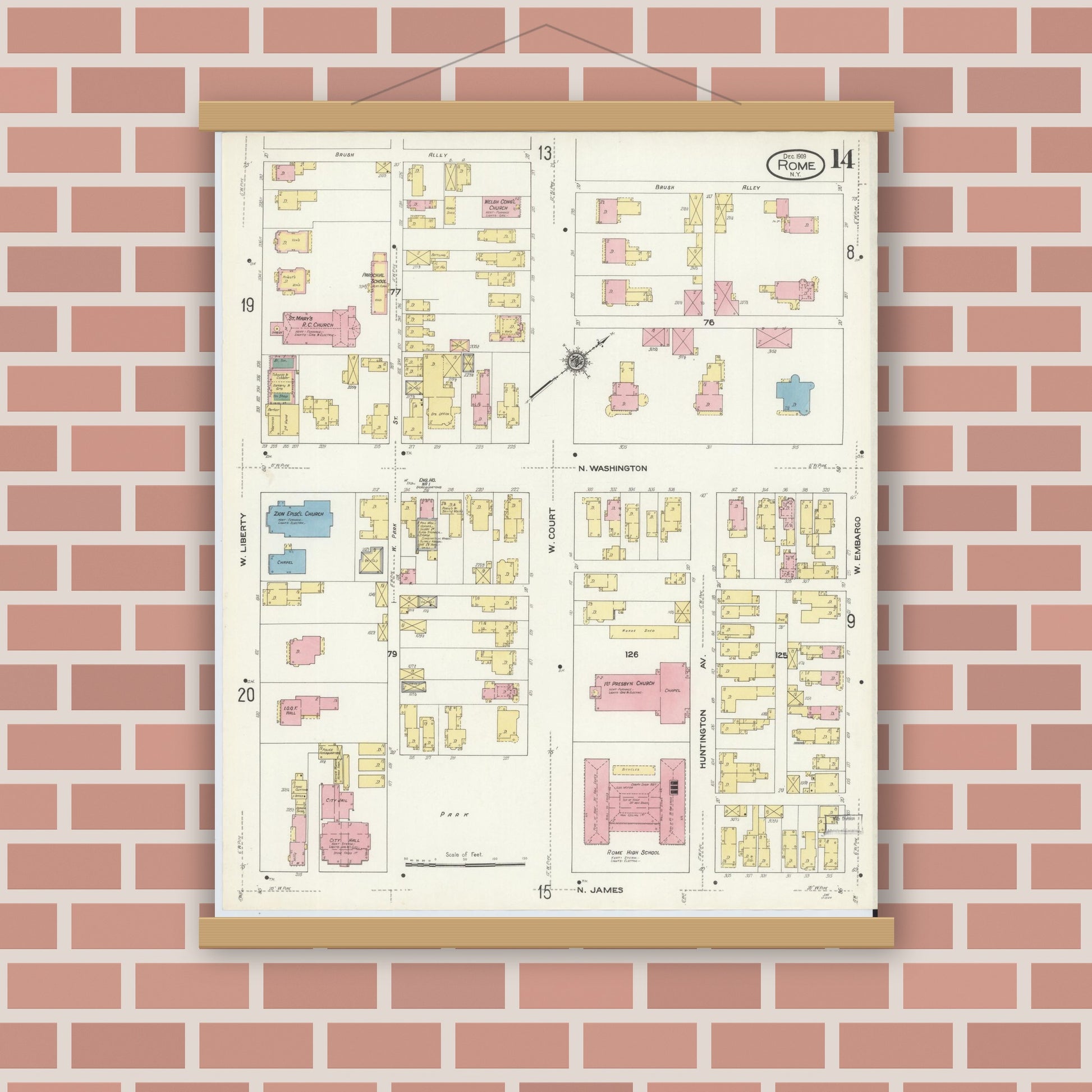 Old map wall art mockup — magnetic wood frame on brick wall — Sanborn Fire Insurance Map from Rome, Oneida County, New York (1909), Sheet #0014