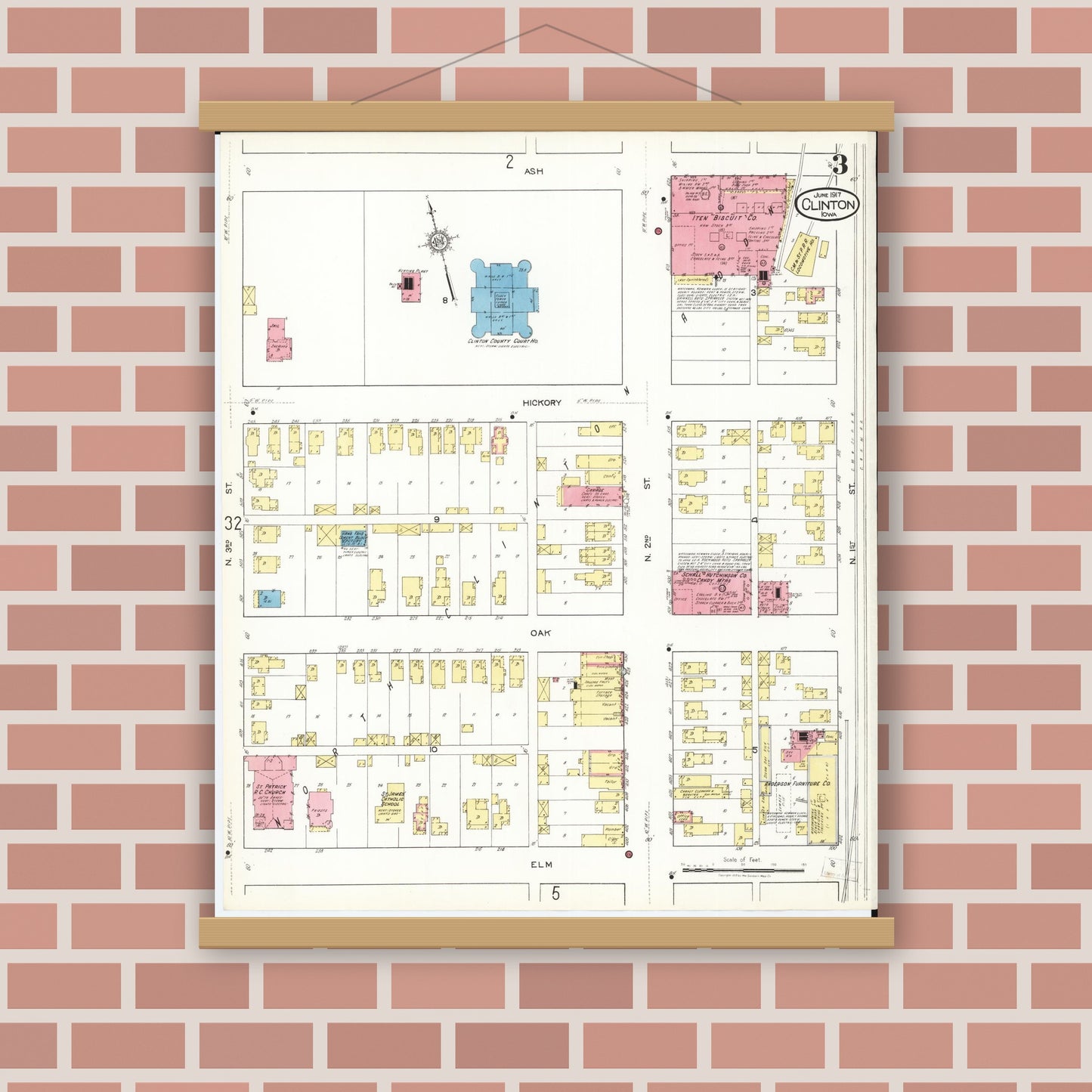 Old map wall art mockup — magnetic wood frame on brick wall — Sanborn Fire Insurance Map from Clinton, Clinton County, Iowa (1917), Sheet #0003