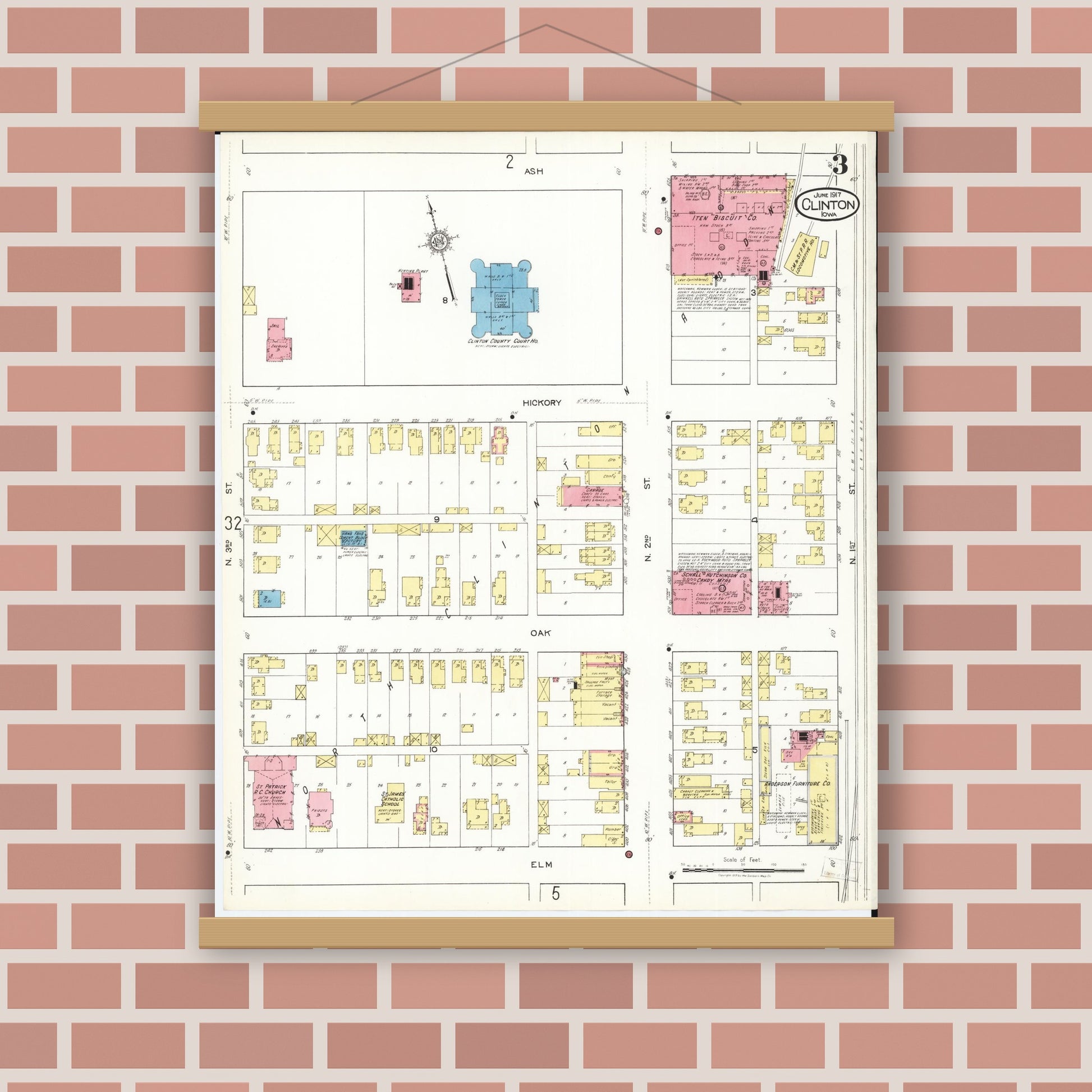 Old map wall art mockup — magnetic wood frame on brick wall — Sanborn Fire Insurance Map from Clinton, Clinton County, Iowa (1917), Sheet #0003