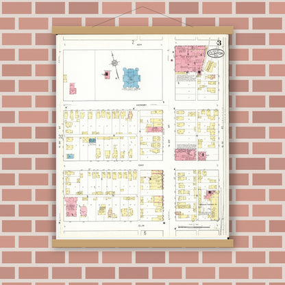 Old map wall art mockup — magnetic wood frame on brick wall — Sanborn Fire Insurance Map from Clinton, Clinton County, Iowa (1917), Sheet #0003