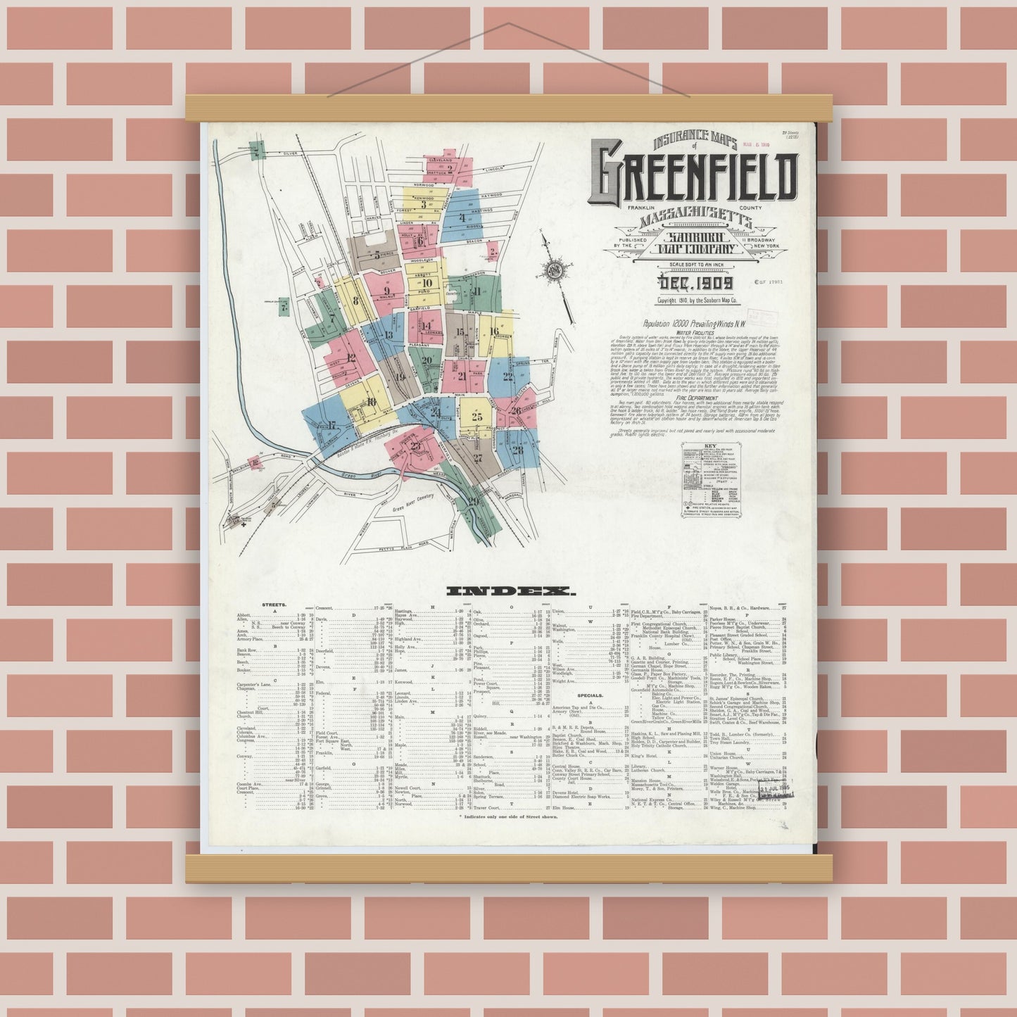 Old map wall art mockup — magnetic wood frame on brick wall — Sanborn Fire Insurance Map from Greenfield, Franklin County, Massachusetts (1909) - Complete Map Set