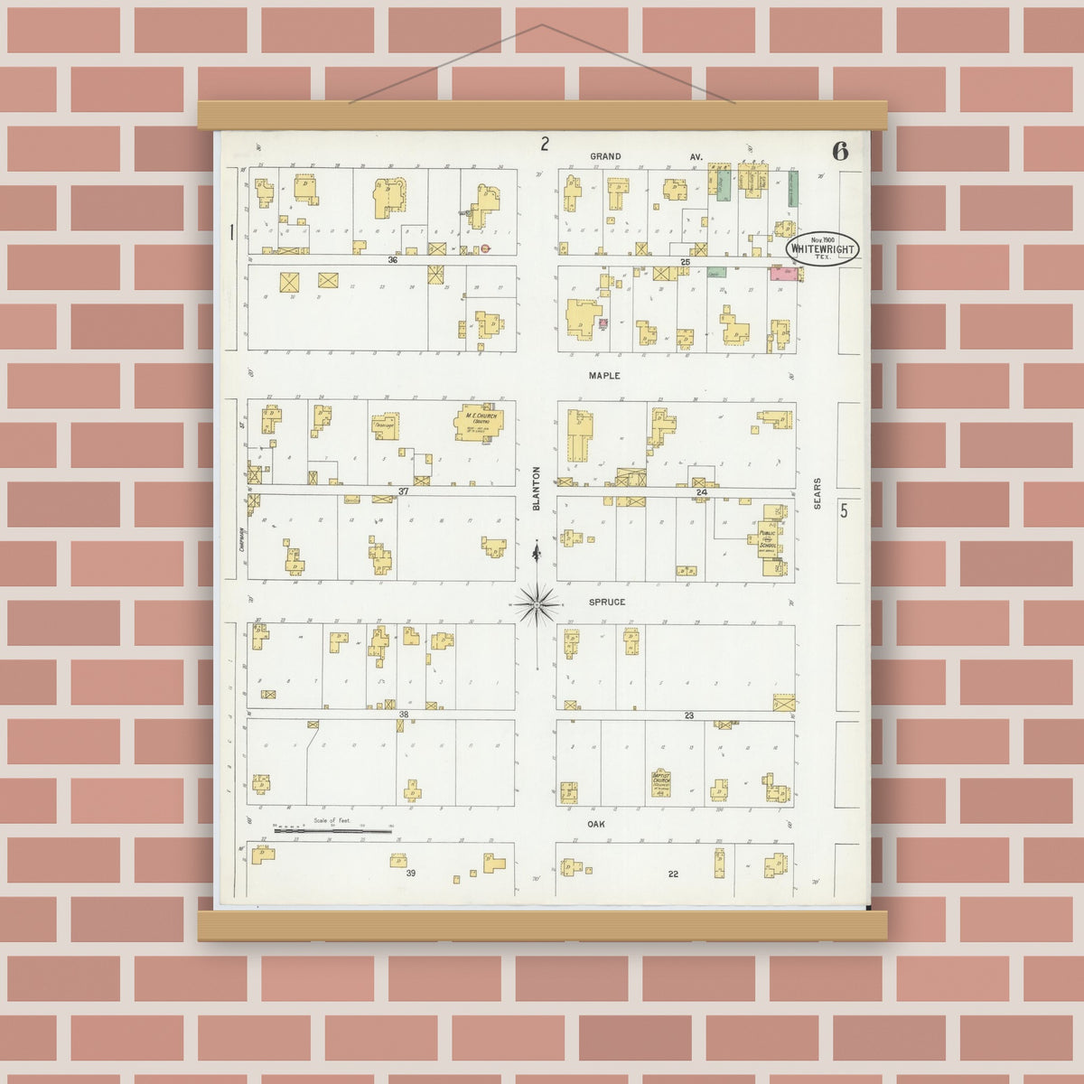 Old map wall art mockup — magnetic wood frame on brick wall — Sanborn Fire Insurance Map from Whitewright, Grayson County, Texas (1900), Sheet #0006