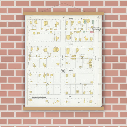 Old map wall art mockup — magnetic wood frame on brick wall — Sanborn Fire Insurance Map from Whitewright, Grayson County, Texas (1900), Sheet #0006