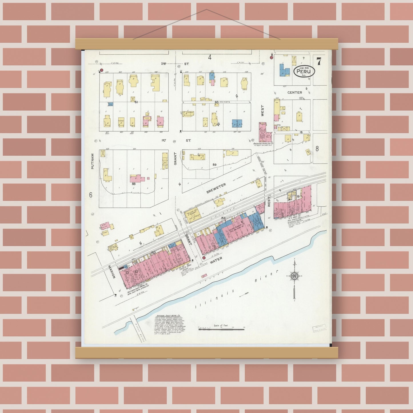 Old map wall art mockup — magnetic wood frame on brick wall — Sanborn Fire Insurance Map from Peru, La Salle County, Illinois (1916), Sheet #0007