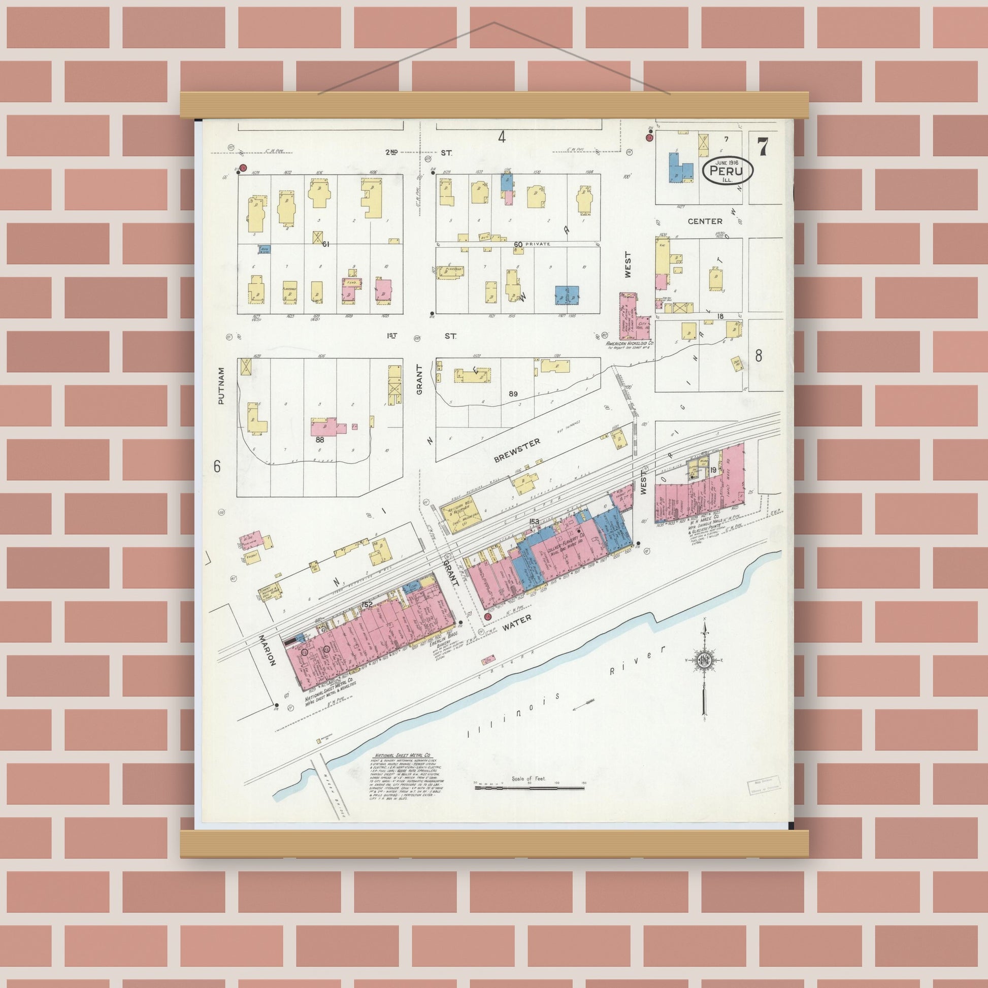 Old map wall art mockup — magnetic wood frame on brick wall — Sanborn Fire Insurance Map from Peru, La Salle County, Illinois (1916), Sheet #0007