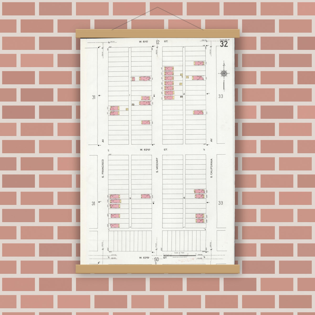 Old map wall art mockup — magnetic wood frame on brick wall — Sanborn Fire Insurance Map from Chicago, Cook County, Illinois (1920), Sheet #0032