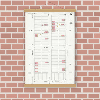 Old map wall art mockup — magnetic wood frame on brick wall — Sanborn Fire Insurance Map from Chicago, Cook County, Illinois (1920), Sheet #0032