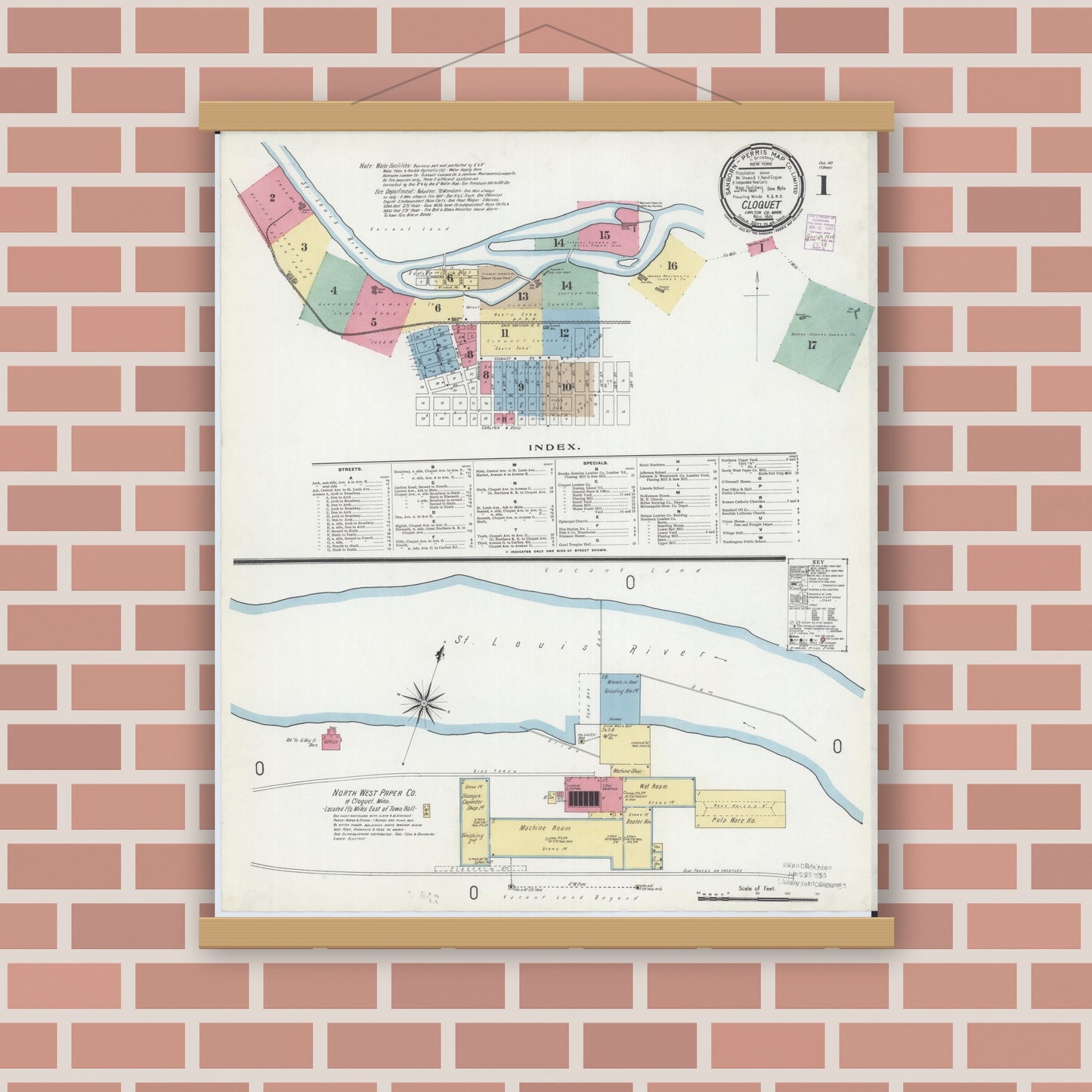 Old map wall art mockup — magnetic wood frame on brick wall — Sanborn Fire Insurance Map from Cloquet, Carlton County, Minnesota (1901) - Complete Map Set