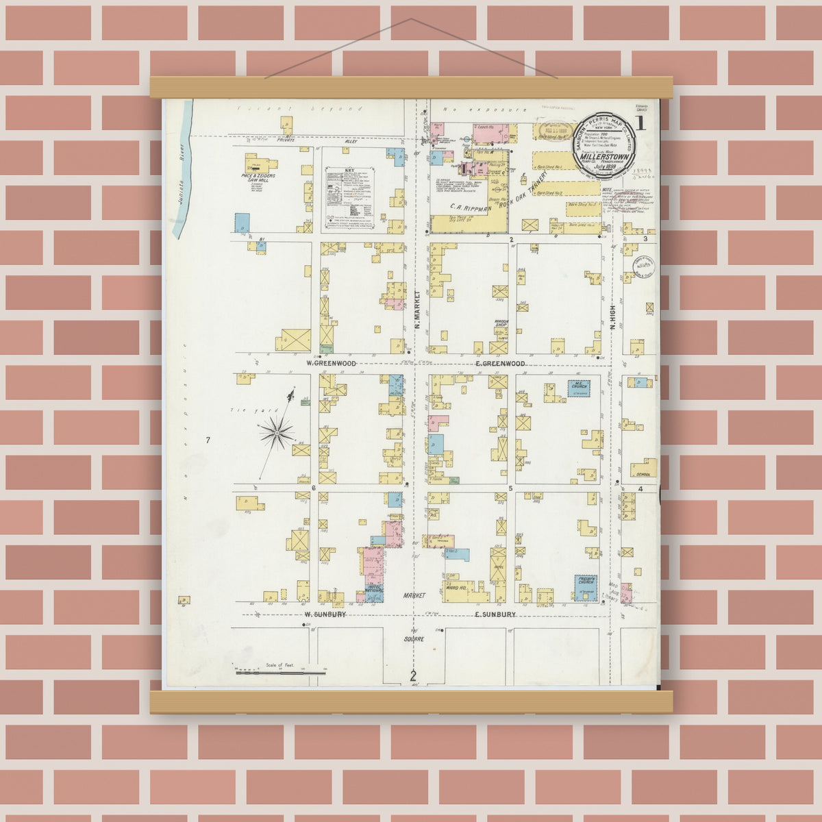 Old map wall art mockup — magnetic wood frame on brick wall — Sanborn Fire Insurance Map from Millerstown, Perry County, Pennsylvania (1899) - Complete Map Set
